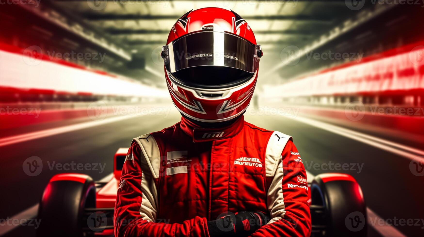 Young man in red racing suit and helmet on the race track. 27443342