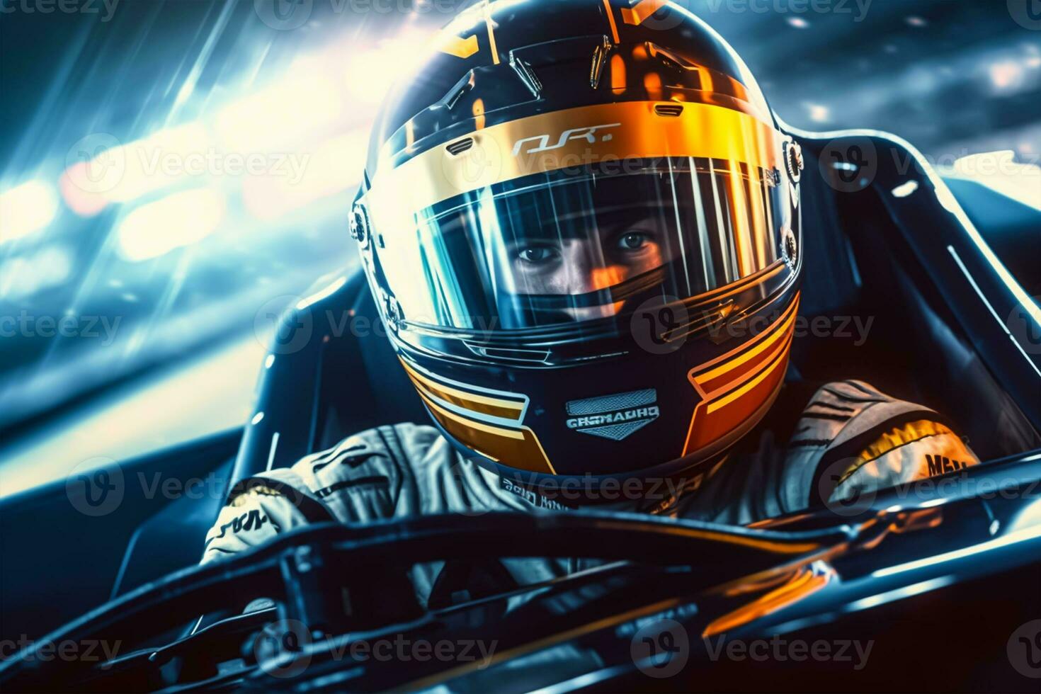 Close-up portrait of a young man driving a fast car on the race track. photo