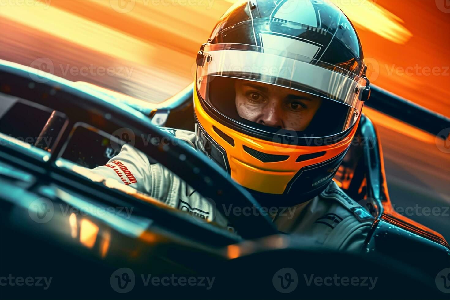 Close-up portrait of a young man driving a fast car on the race track. photo