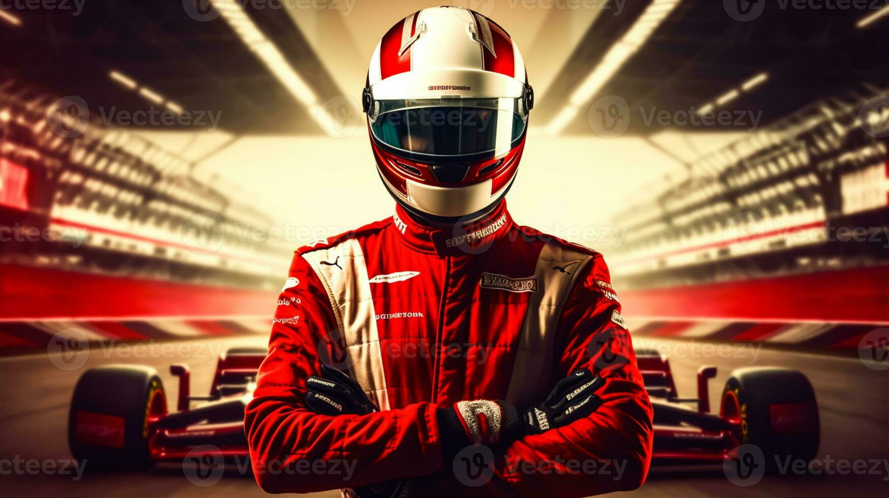 Young man in red racing suit and helmet on the race track. photo