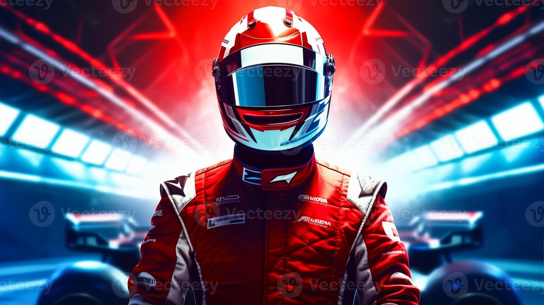Young man in red racing suit and helmet on the race track. 27443352