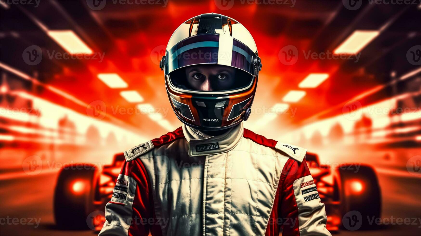 Young man in red racing suit and helmet on the race track. photo