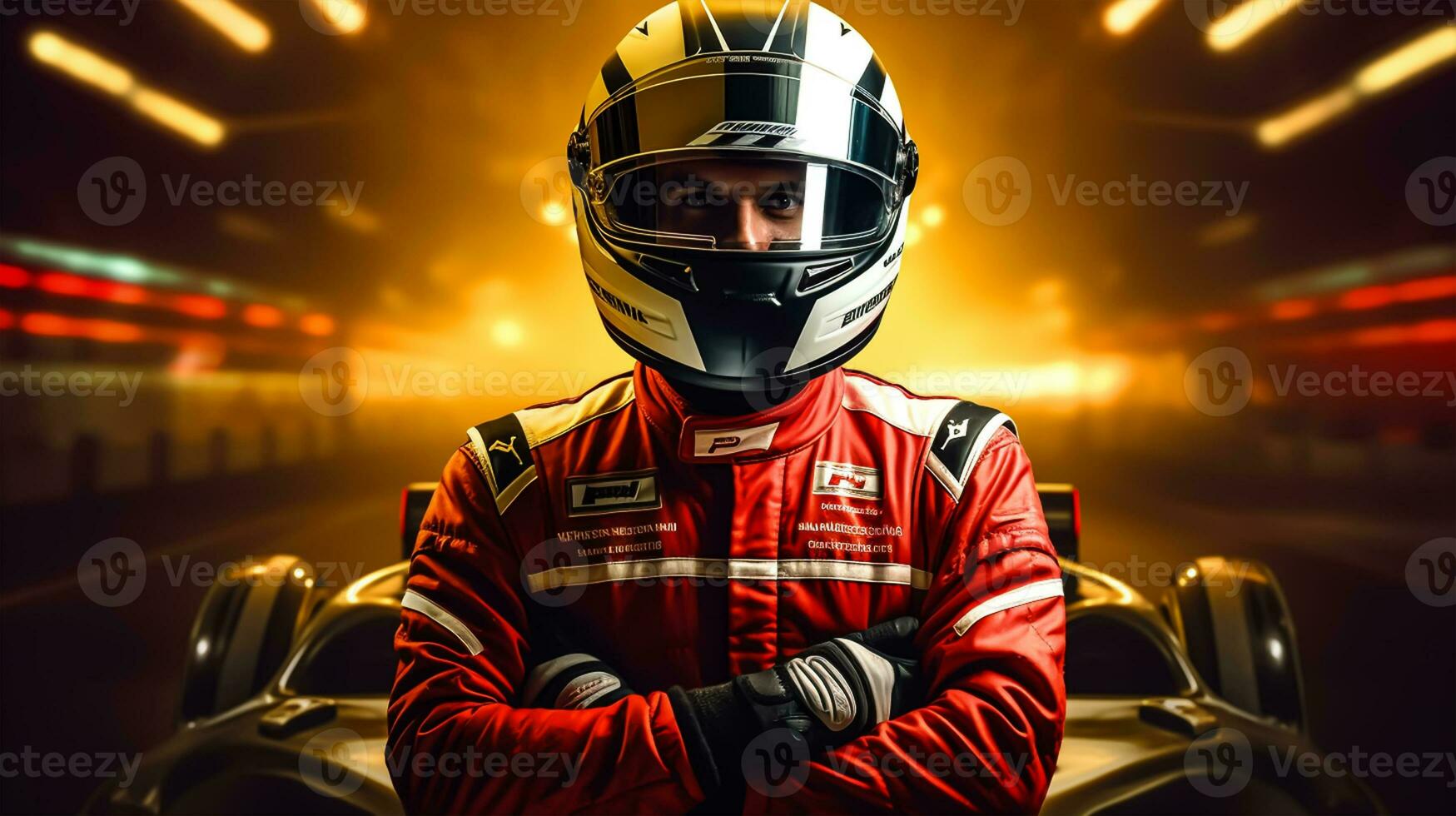 Young man in red racing suit and helmet on the race track. photo