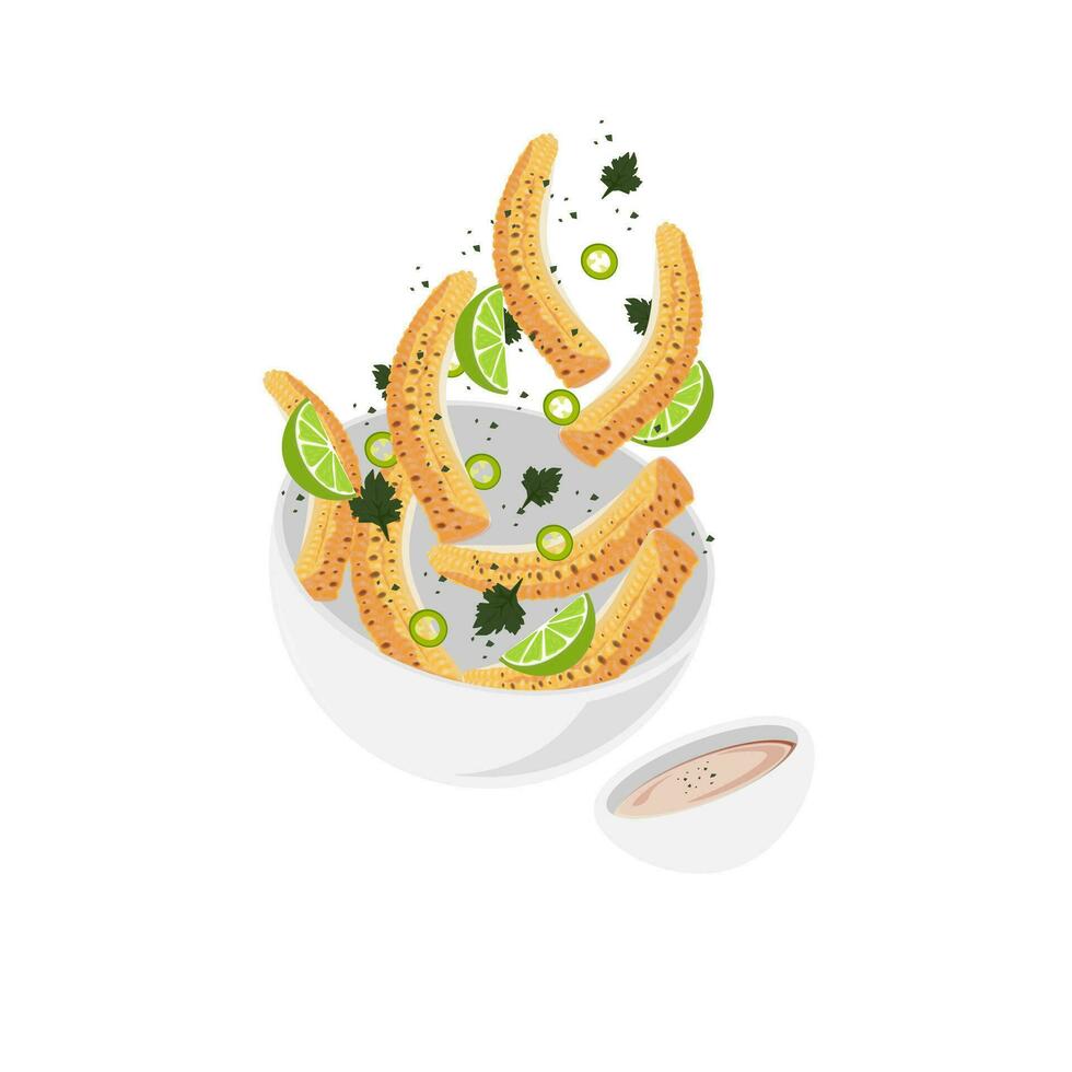maíz costillas ilustración logo con mayonesa salsa en un cuenco vector
