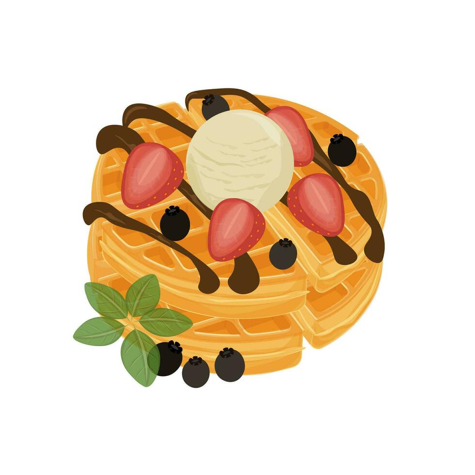 Belgian Waffle Illustration Logo With Strawberries and Melted Chocolate vector