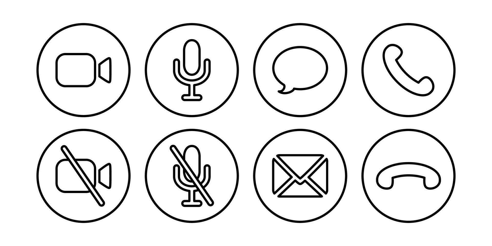 Virtual hangouts icons for conference call. On and off video, sound, message, mail and call icons isolated on white background. Vector illustration