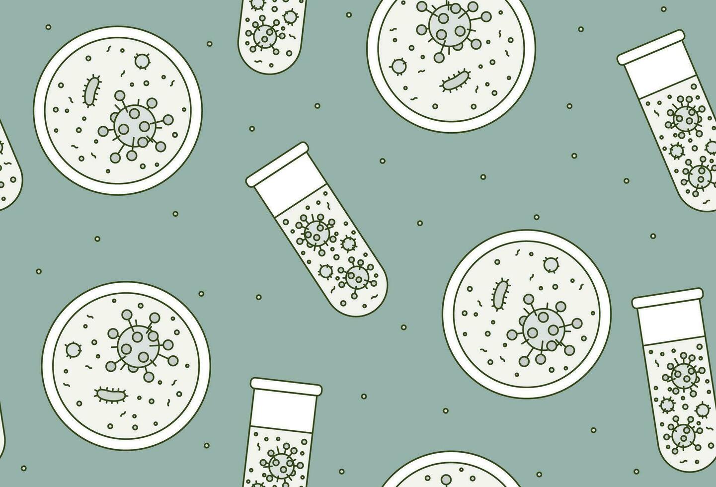 Seamless pattern with virus in Petri dish and test tube. Vector illustration