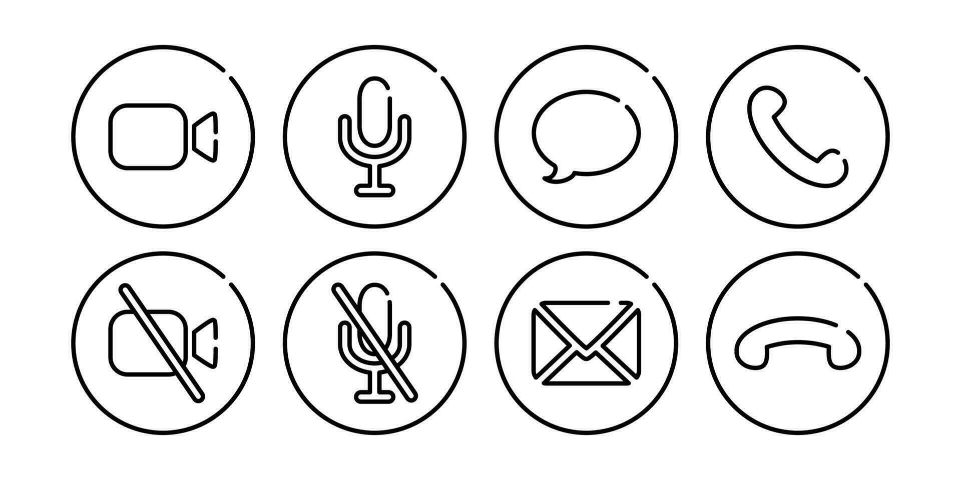 Virtual hangouts icons for conference call. On and off video, sound, message, mail and call icons isolated on white background. Vector illustration