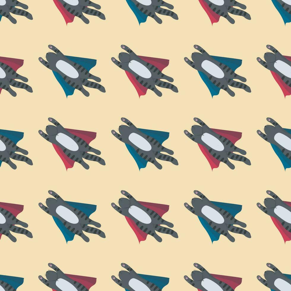 Flying tabby supercats in bright capes on yellow background. Animal seamless pattern. Vector illustartion in cartoon style
