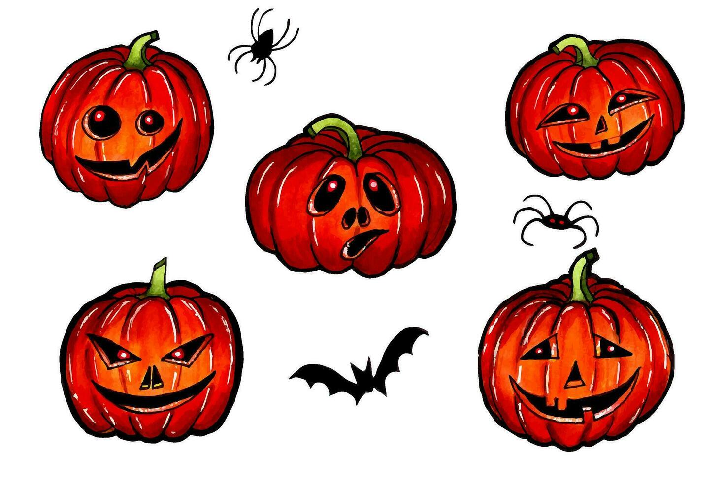 A collection of pumpkins with different facial expressions for Halloween.Spiders and a bat. Jack o'lantern with pumpkin head clearart in spooky holiday. Hand isolated art. vector