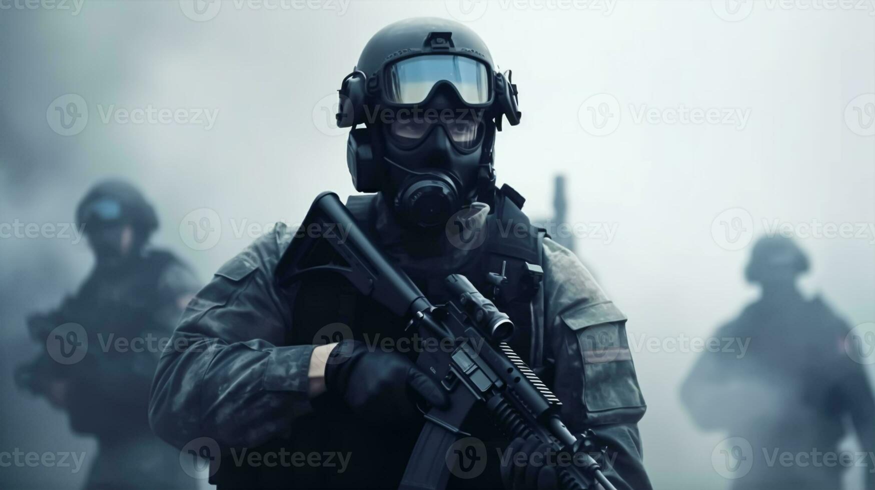 Special forces soldier in action with assault rifle on foggy background. photo