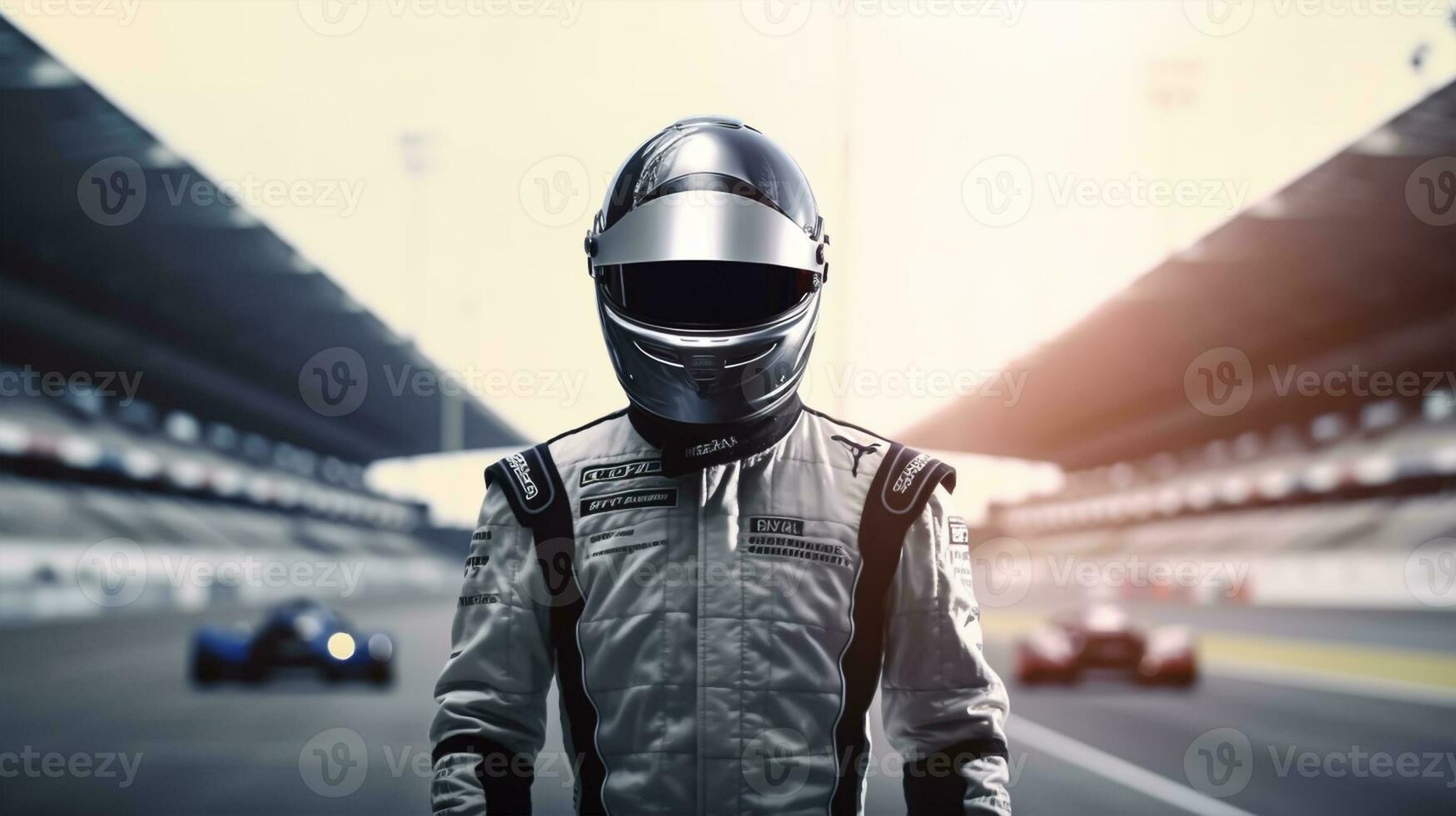 closeup view of young car racer man wear a helmet and stand in road photo