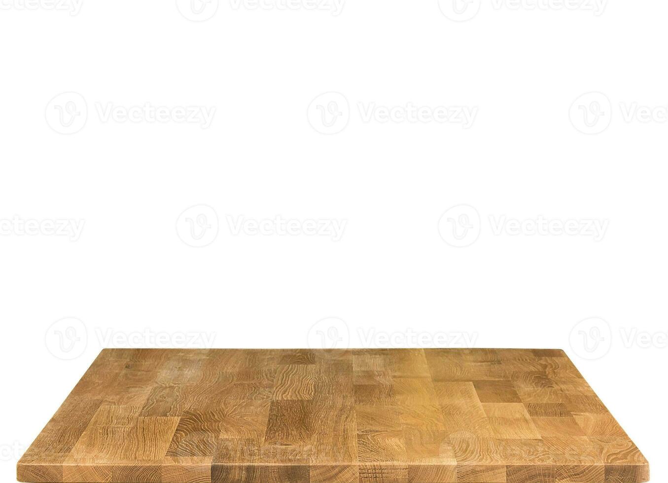 Wooden table top surface isolated over white background. Solid wood furniture close view 3D illustration. Empty table top cooking presentation template photo