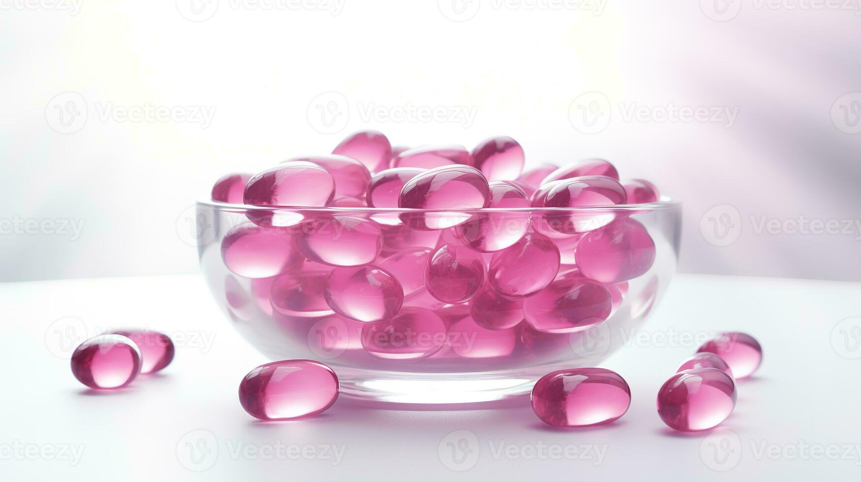 Pink vitamins capsules on a white background. Generative AI photo