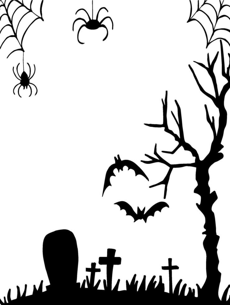 Background for Halloween. Spiders, cobwebs and bats. Tree and cemetery. For a spooky Halloween holiday. Hand isolated art. vector