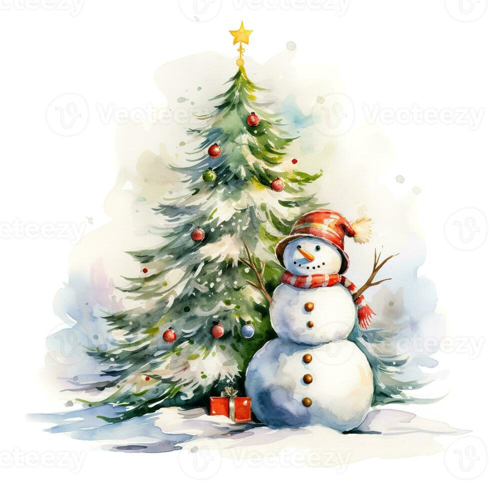 Snowman next to the Christmas tree, watercolor style. Generative AI photo