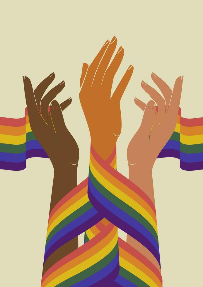 Hands holding together rainbow lgbt flag, pride month illustration vector
