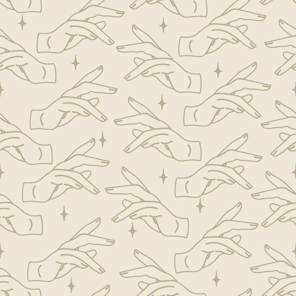 Seamless witchcraft pattern with hands on beige background vector