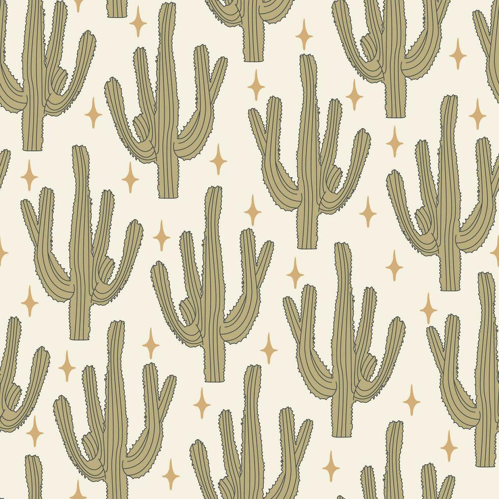 Summer cactus on desert with stars retro seamless pattern vector