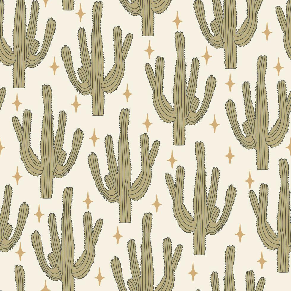 verano cactus en Desierto con estrellas retro sin costura modelo vector