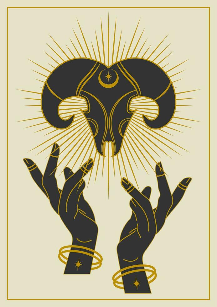 Hands holding horned skull with heavenly elements vector art