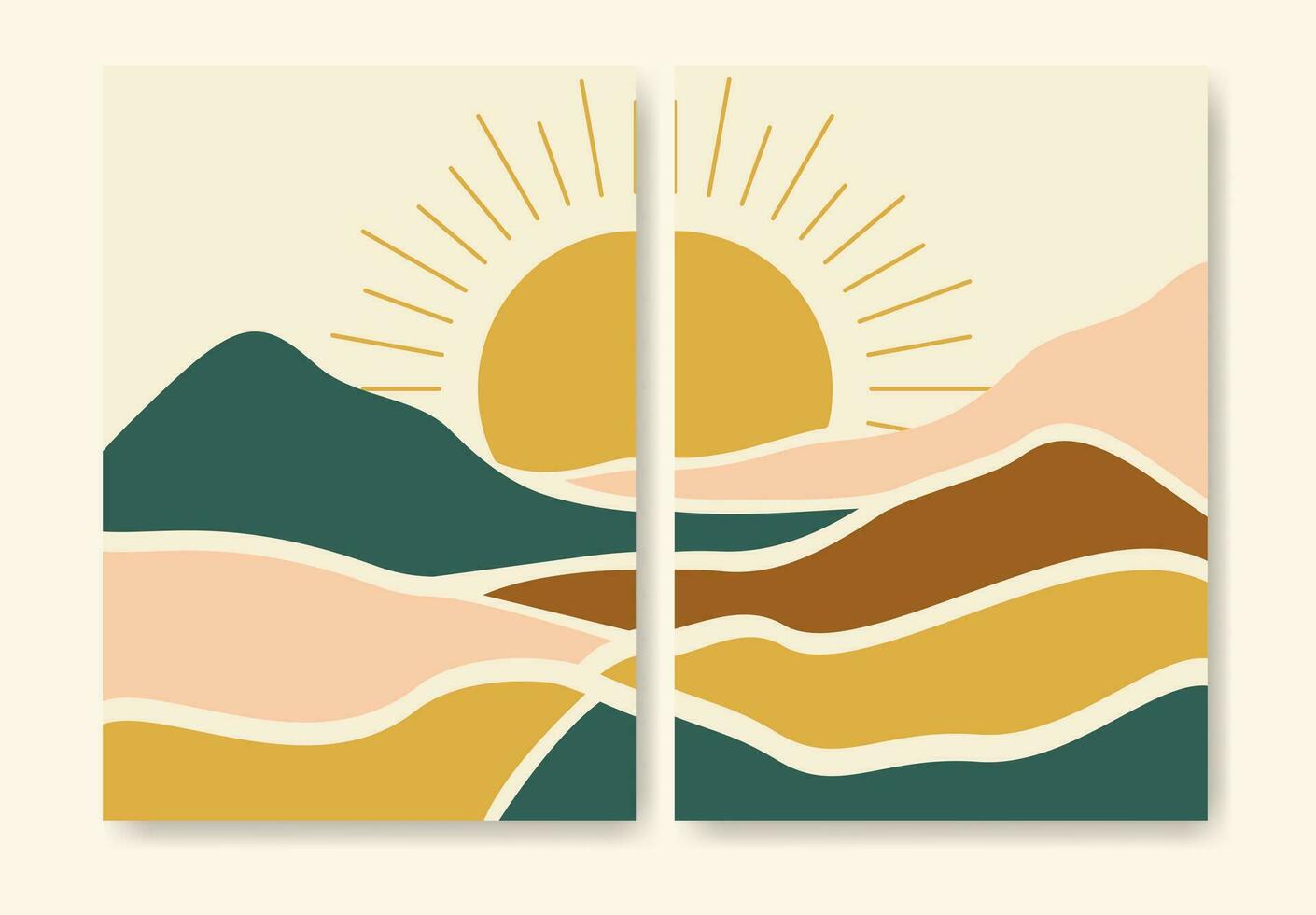 Aesthetic minimalist colorful sunny valley vector illustration set