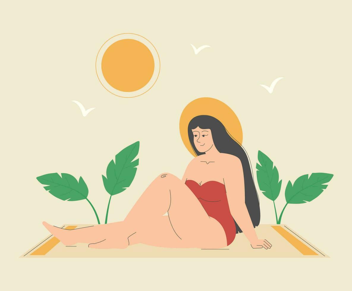 Happy plus size swimsuit model vector illustration.