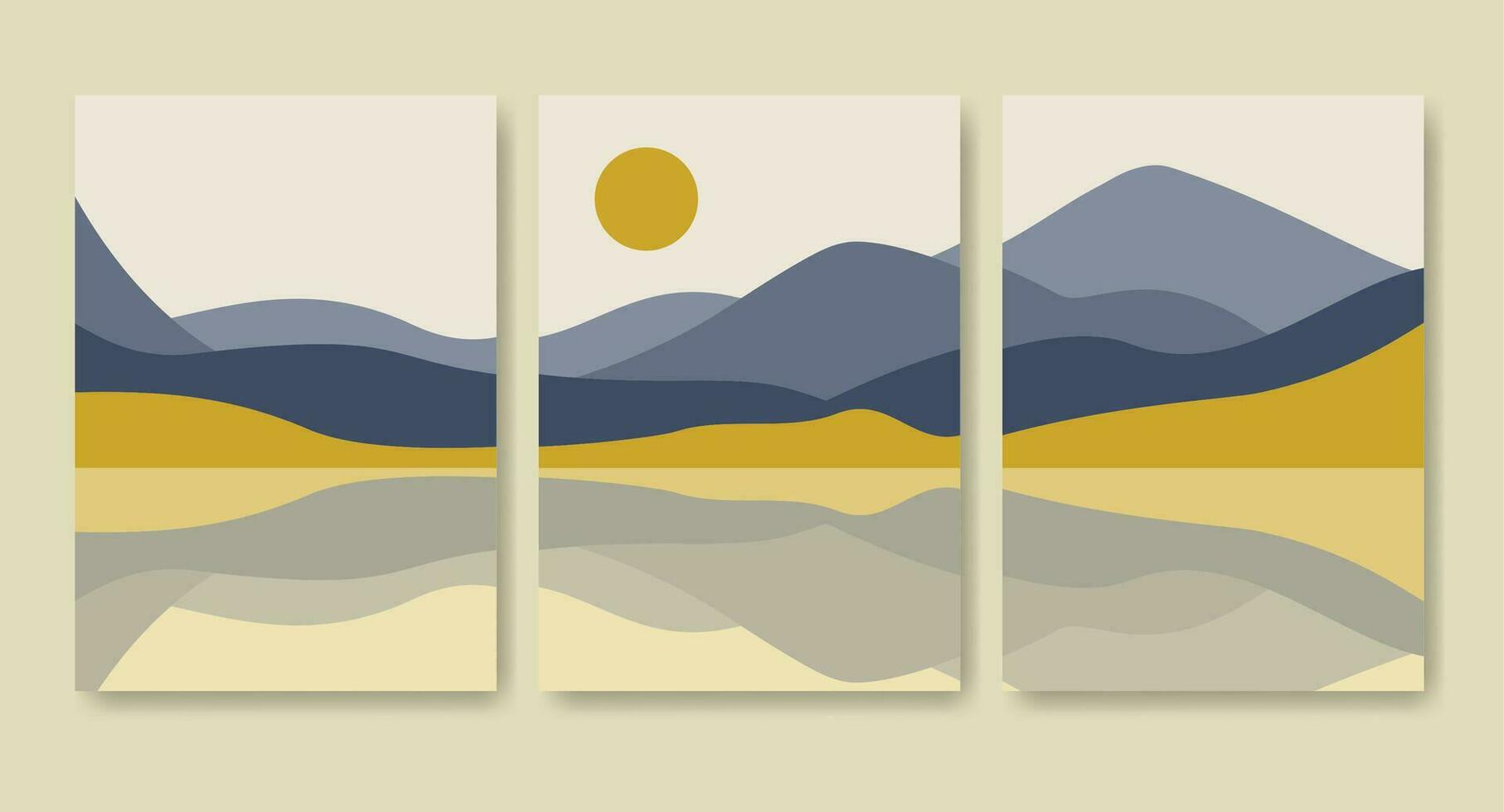 estético minimalista paisaje con lago y montañas imprimible pared Arte conjunto vector