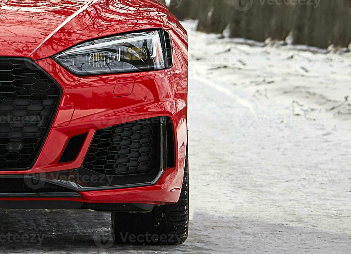 Modern red car lights, sportcar driving on the road,  city car background photo