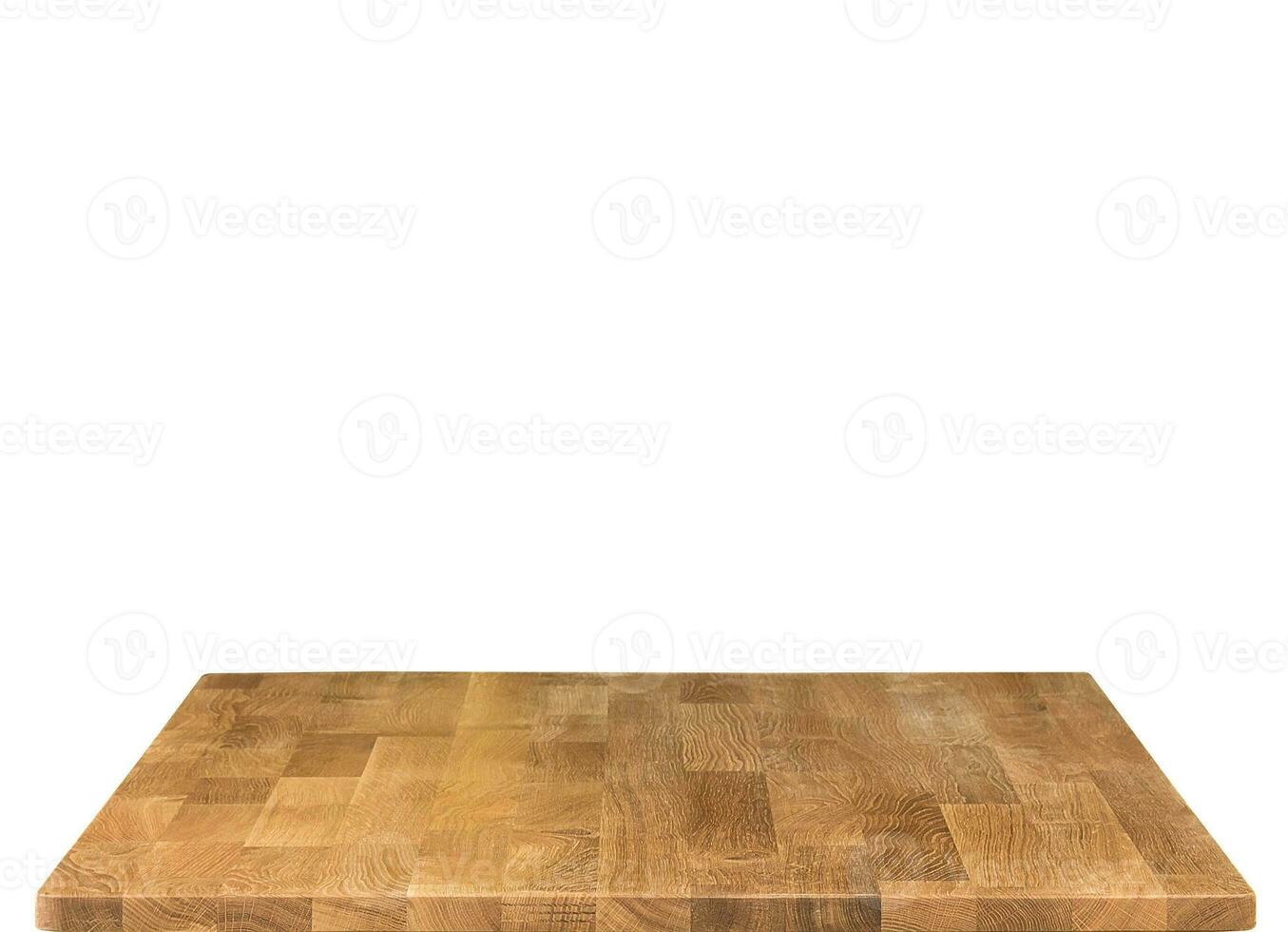 Wooden table top surface isolated over white background. Solid wood furniture close view 3D illustration. Empty table top cooking presentation template photo