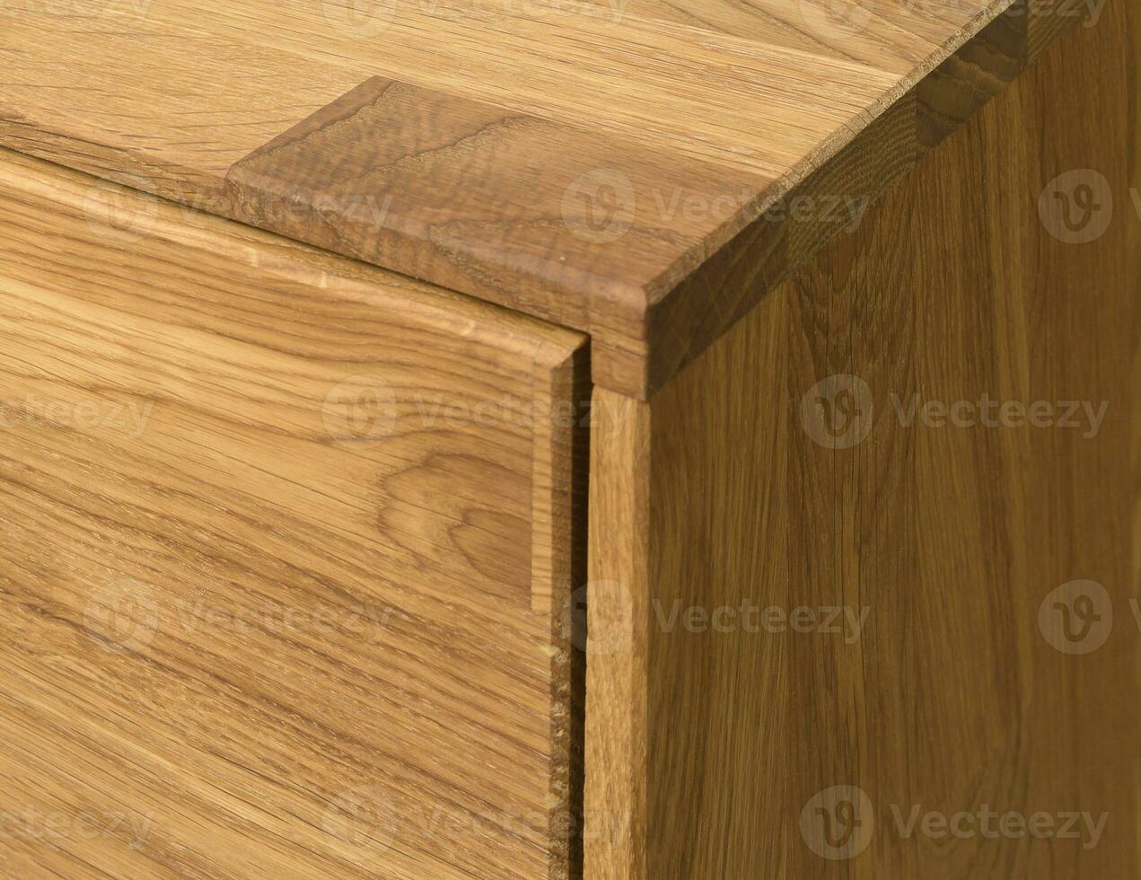 Wooden drawer close view photo, wooden eco furniture elements background. Solid wood furniture details photo
