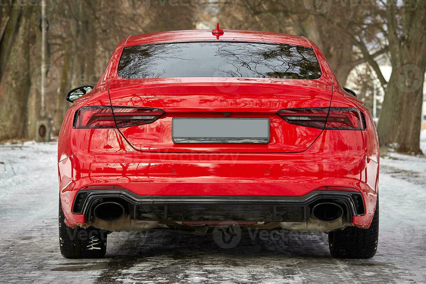 Modern red sport car in the winter forest background,  car wallpaper photo