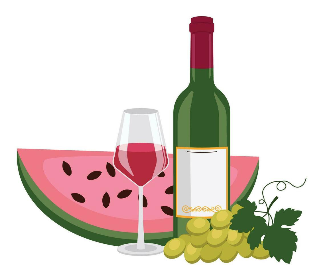 botella de rojo vino, vino en vaso, sandía y uva. vector gráfico.