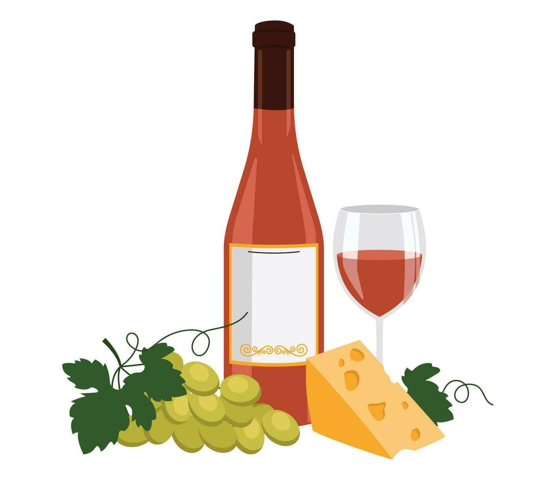 Bottle of orange wine, wine in a glass, cheese and grape. Vector