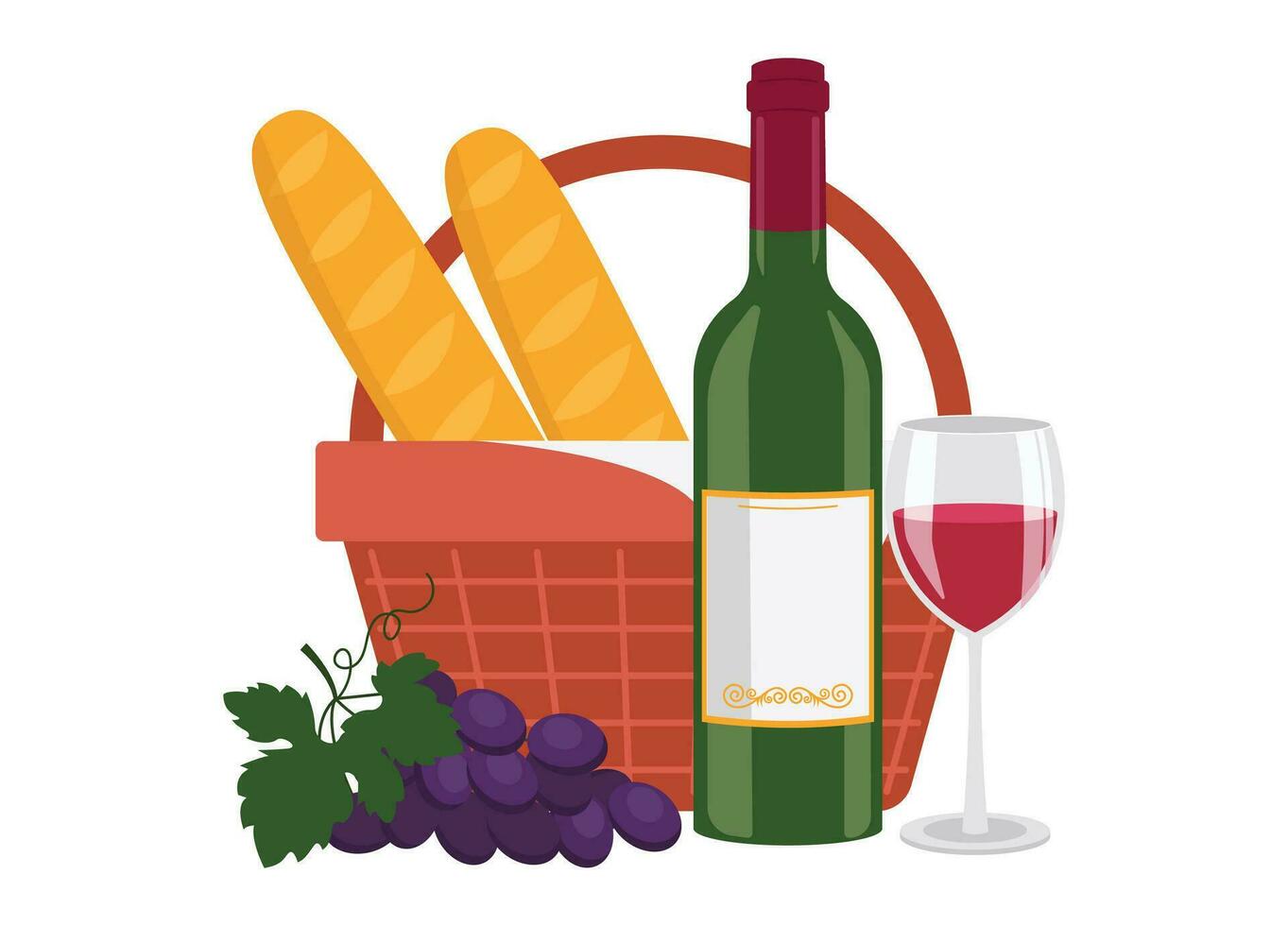 Bottle of red wine, wine in glass, baguettes, grape and a picnic basket. Vector graphic.