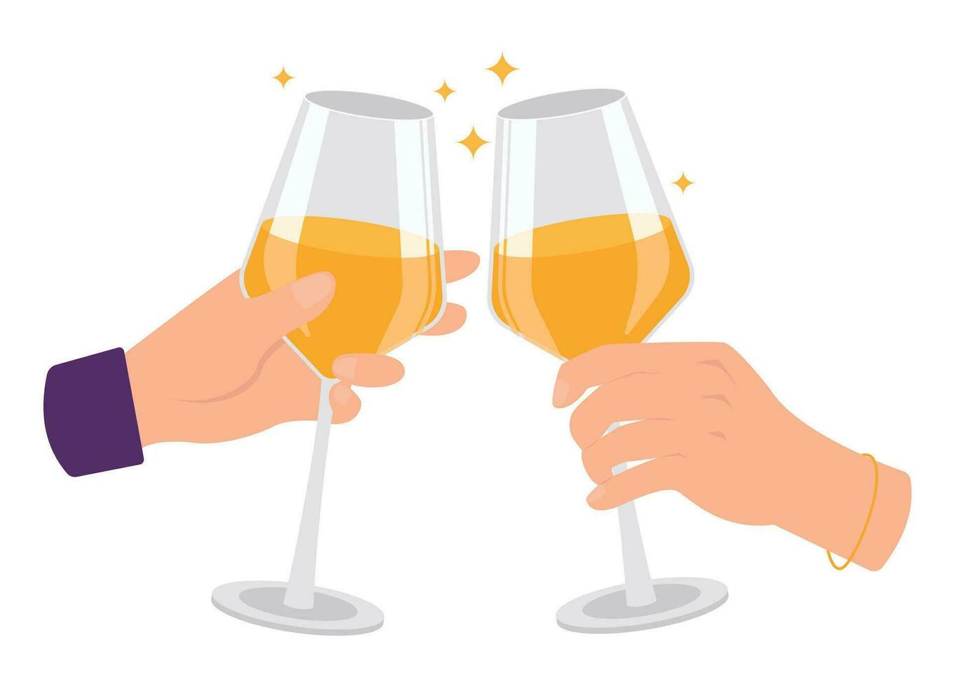 Two hands with glasses of white wine. Cheers. Vector graphic.