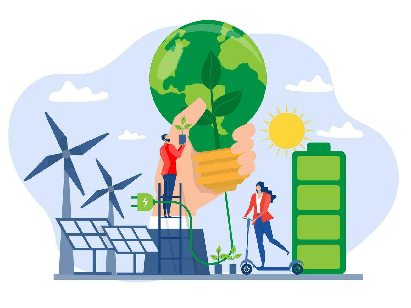 Clean energy concept.Renewable energy for better future Electricity from solar panels and windmills  Vector illustration in a flat style