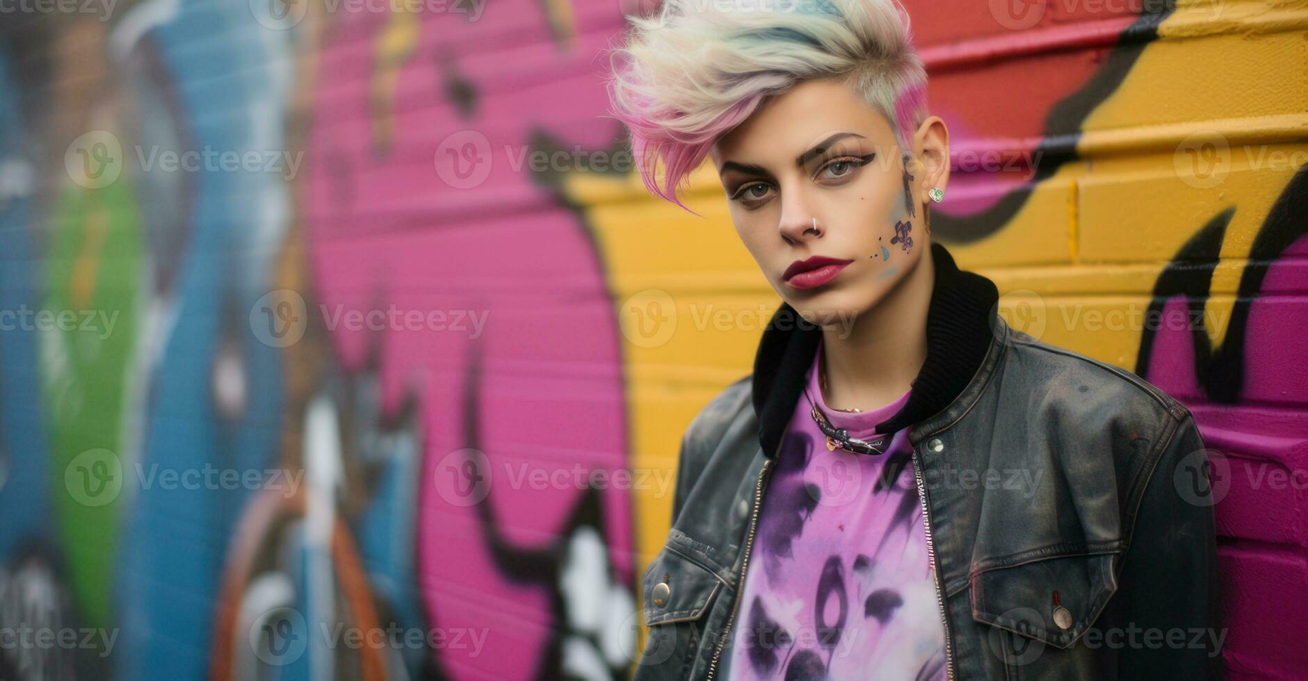 Genderqueer model against graffiti wall. photo