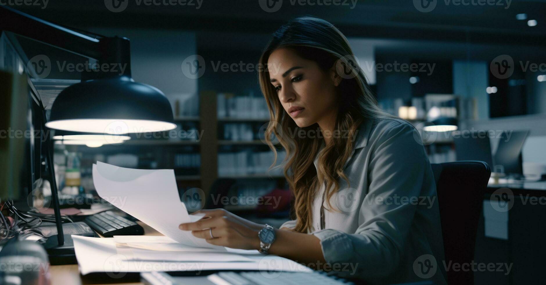An office assistant organizing files on a computer in a well-lit office, with documents and stationery on her desk photo