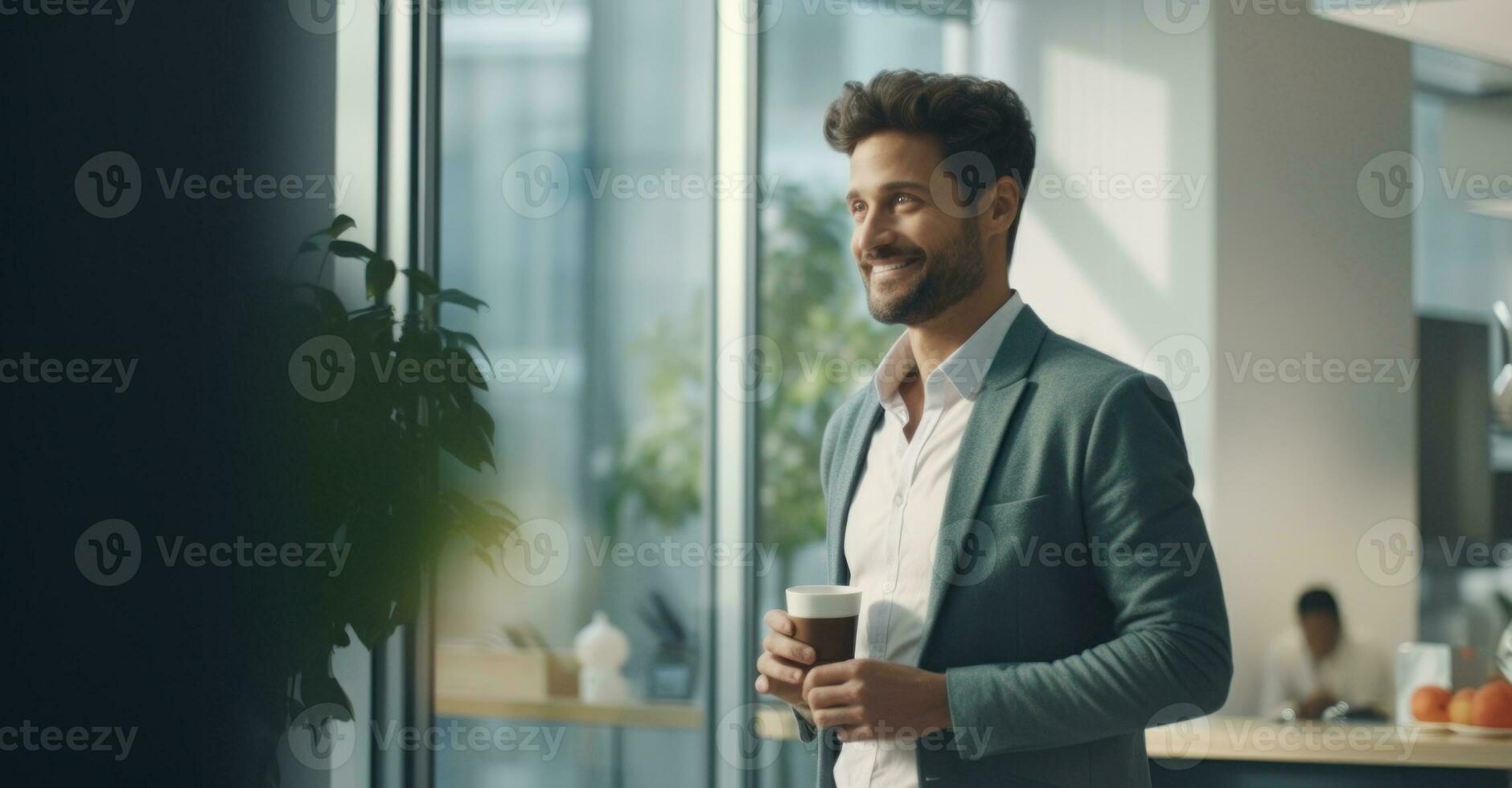 An office worker enjoying a peaceful coffee break, looking out at the city below under natural light photo