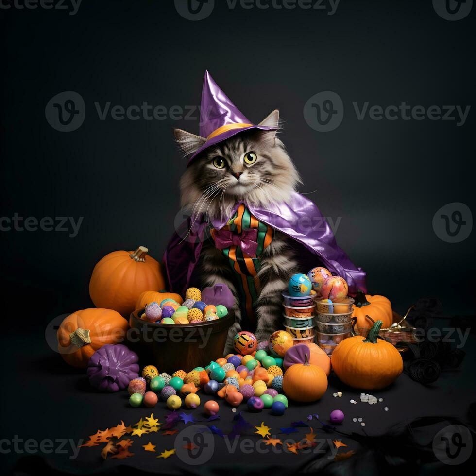 a holloween pumpkins, cat dressed as a witch wearing a black cape and a purple hat with colorful candy generated AI photo