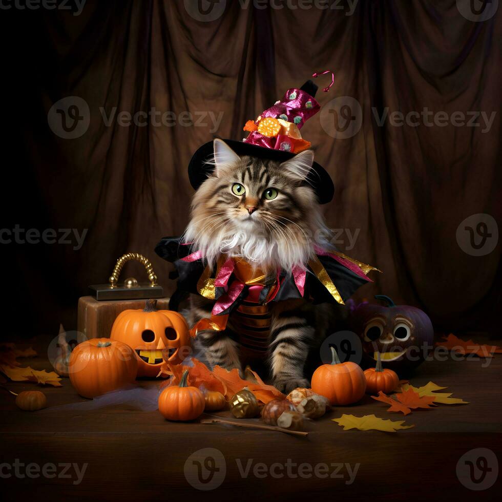 a holloween pumpkins, cat dressed as a witch wearing a black cape and a purple hat with colorful candy generated AI photo