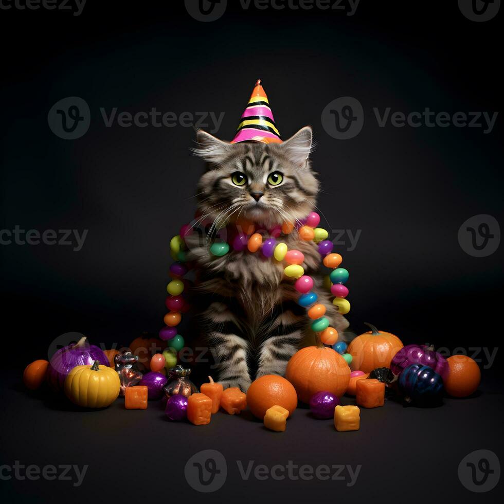 a holloween pumpkins, cat dressed as a witch wearing a black cape and a purple hat with colorful candy generated AI photo