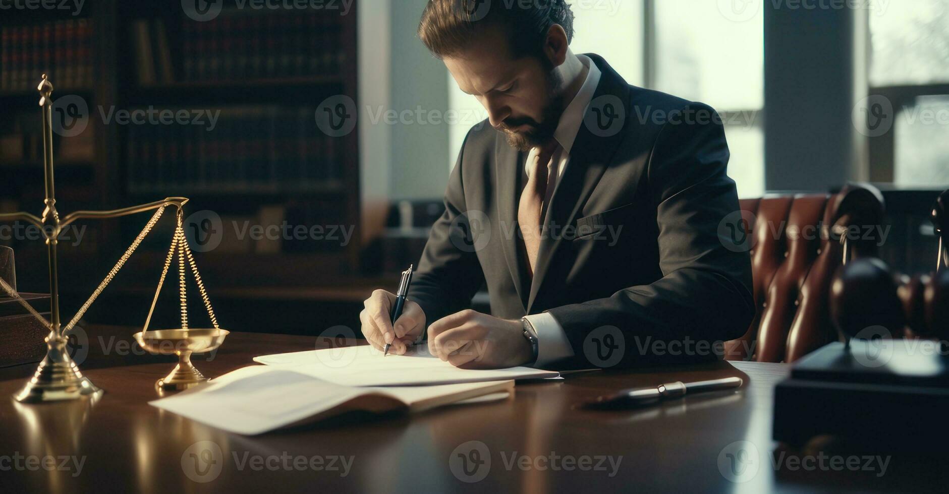 Lawyer reviews intricate legal documents. photo