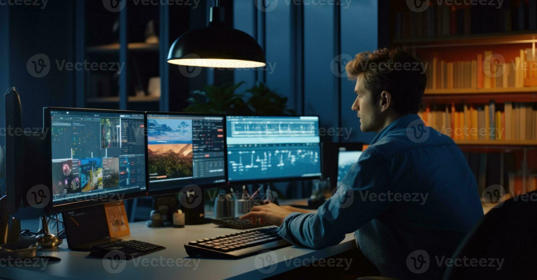 A software developer immersed in work late at night, multiple screens casting a glow on his focused face photo