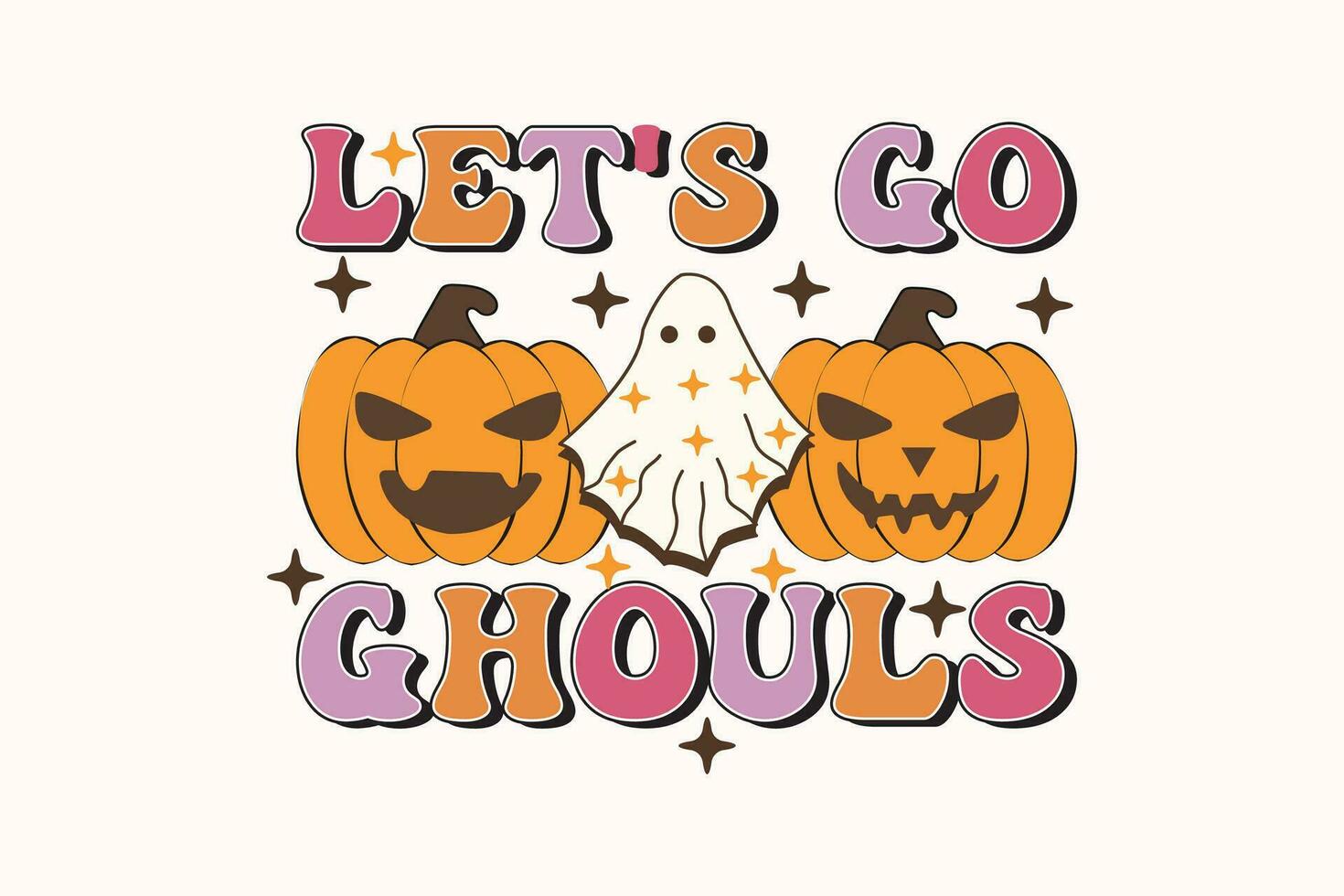 Let's Go Ghouls, Retro Halloween shirt print template, T-Shirt, Graphic Design, Mugs, Bags, Backgrounds, Stickers vector