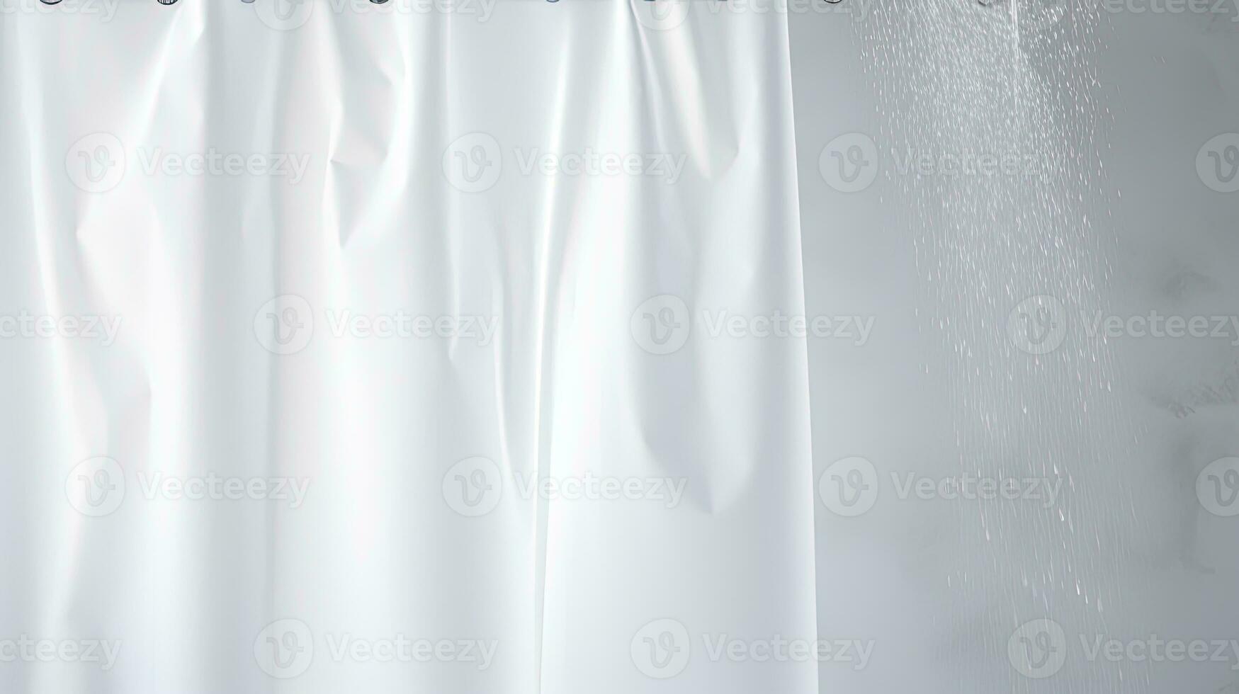 Bathroom concept Moist creased white shower curtain with water droplets steam on white backdrop light and darkness. silhouette concept photo