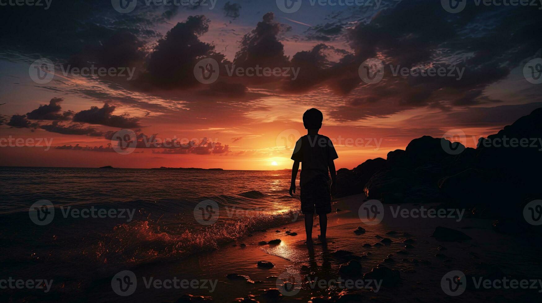 Boy s outline in sunset on the sea. silhouette concept photo