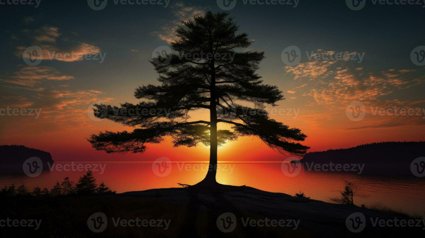 Sunrise silhouette of a pine tree photo