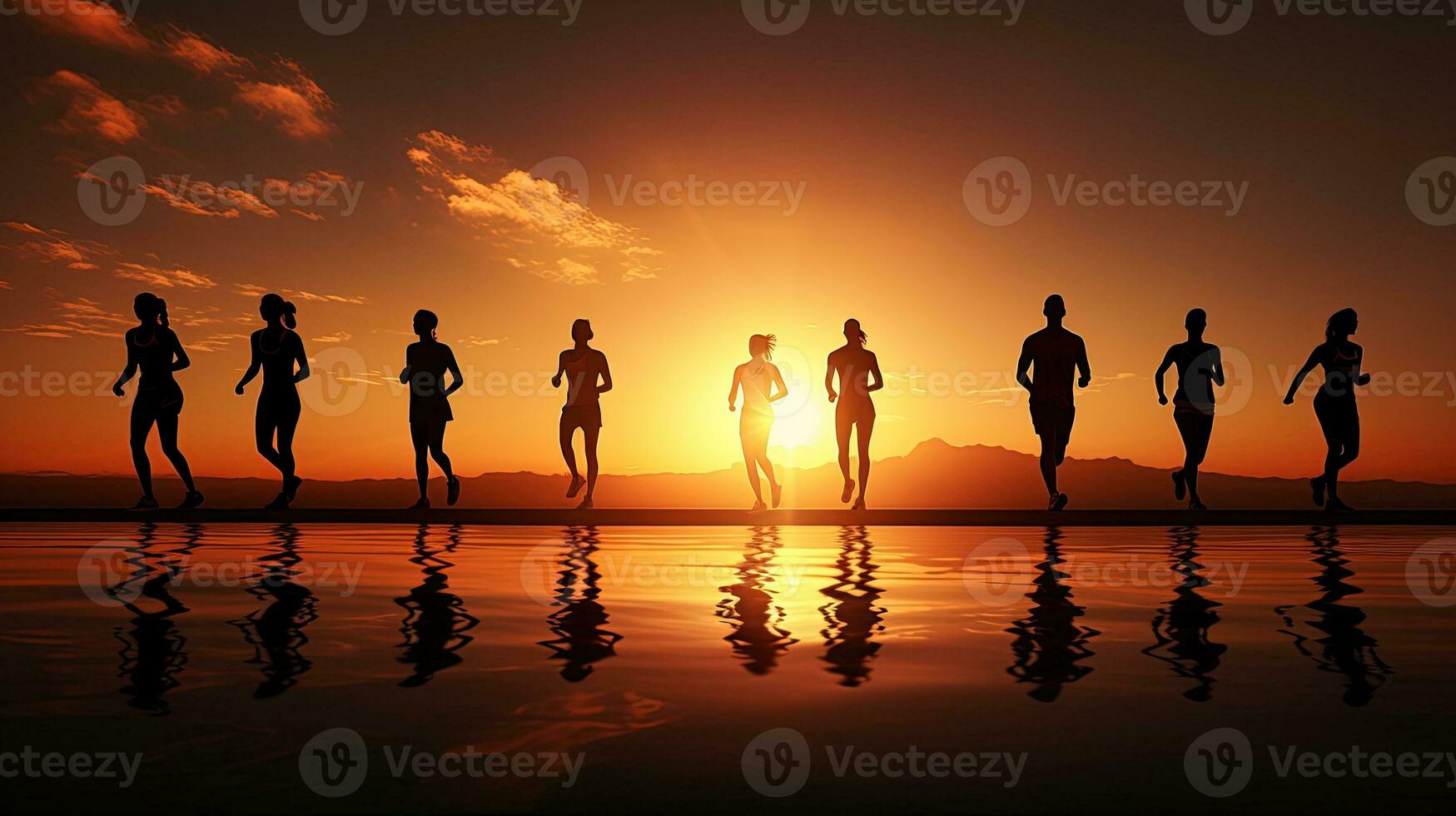 Athletic figures against sunset. silhouette concept photo